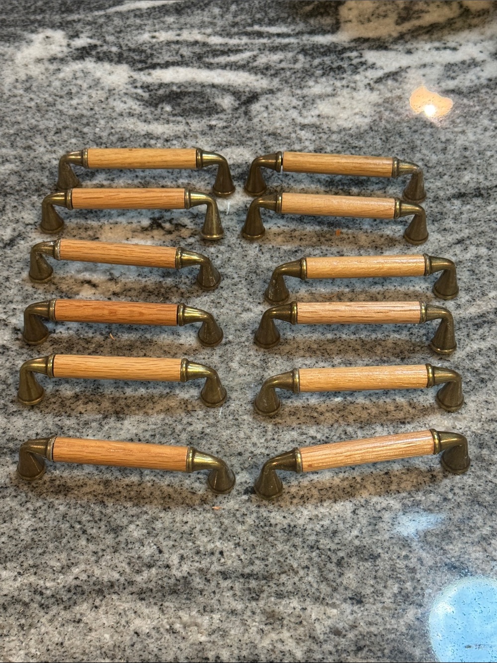 12 Vintage Brass and Wood Handles/Drawer Pulls 4 inches on center